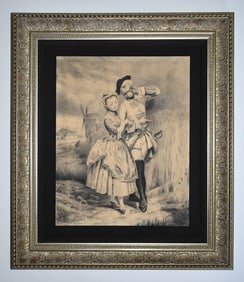 19th Century Ferier Original Charcoal The Lovers Framed Signed