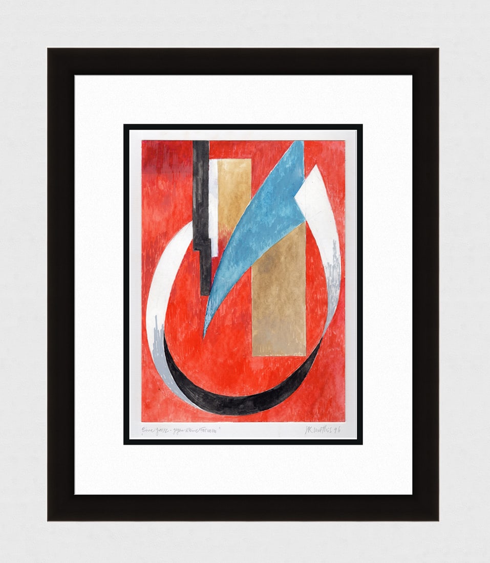 Mathis Original Gouache Shapes Framed Swiss: Josef Johann Mathis (Joe Mathis, 1913 - 2002; Swiss). A big against a small shape ( Eine grosse - gegen kleine Formen). Original Mixed Media Gouache on paper. Year: 1996. Hand signed and dated in penc