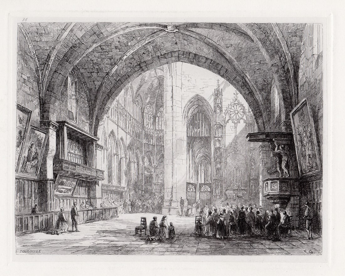 Sir Ernest George Toulouse. Cathedral of St. Etienne etching signed: Sir Ernest George. (English, 1839-1922). Toulouse. Cathedral of St. Etienne. Original Hand Pulled Copper Plate Etching on Wove Paper. 1875. Signed and Titled in the plate. Excellent. Image Size 6 5/8