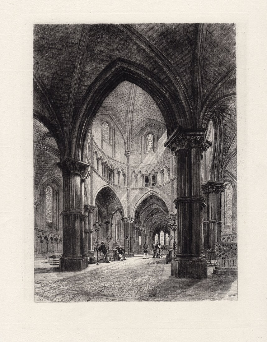 Alfred Louis Brunet-Debaines The Temple Church 1888 etching: Alfred Louis Brunet-Debaines (1845-1939). The Temple Church. Antique Hand pulled original copper plate etching on laid paper. 1888. Excellent. Image Size 7 1/4 x 9 7/8 inches. Approximately 16 x 19 in