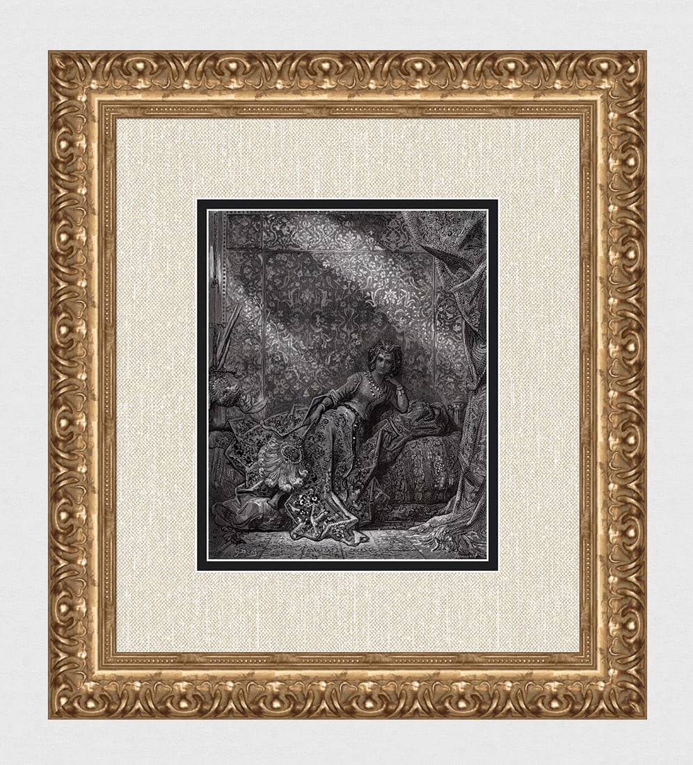 1800s Gustave DORE Woodcut The Woman Skilled in Magic FRAMED SIGNED: Gustave Dore (Paul Gustave Louis Christophe Dore )(French, 1832-1883). Rinaldo's host tells him of a woman skilled in magic who fell in love with him. (From Orlando Furioso). Antique woodcut on wove p