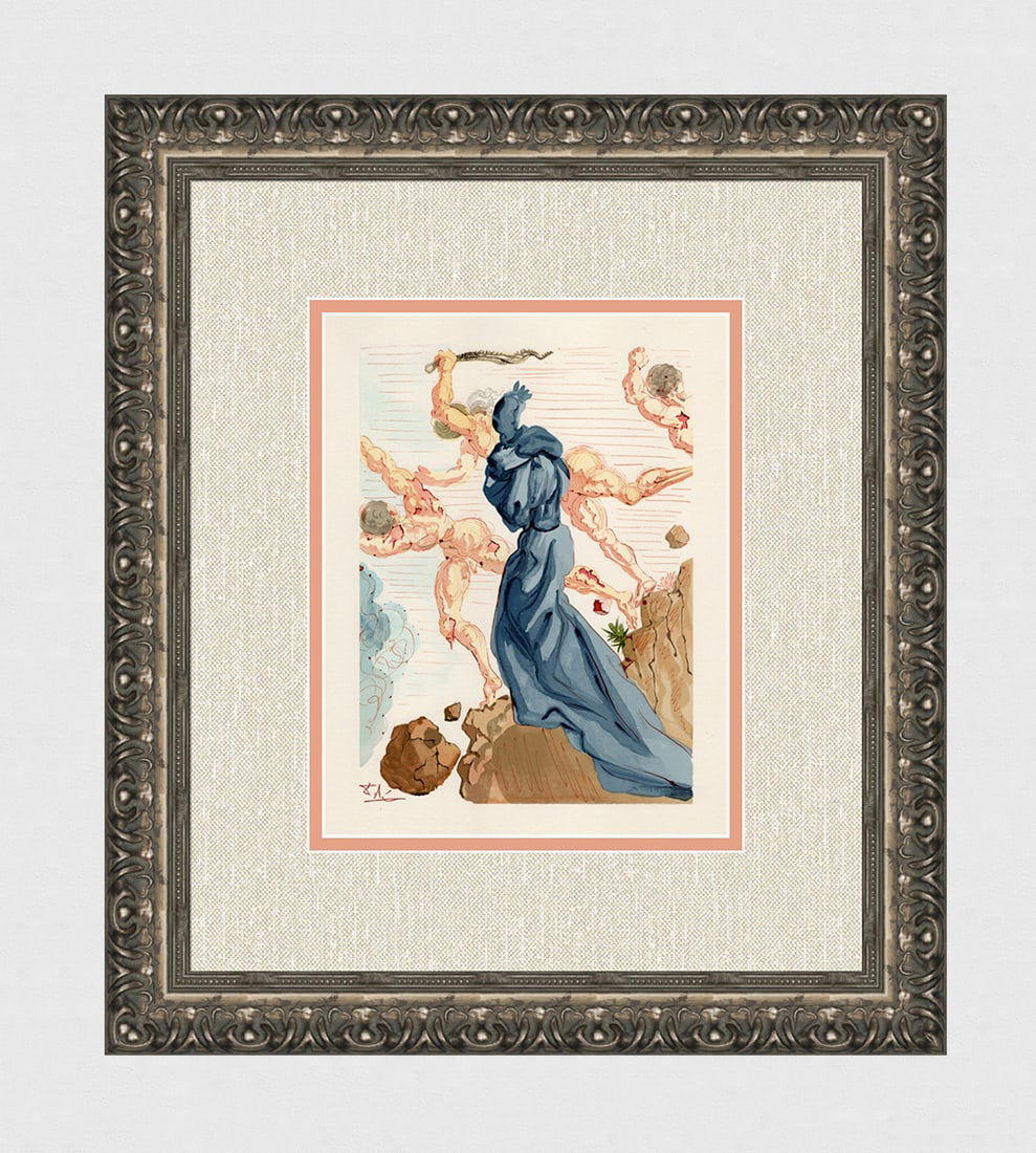 1960 Salvador Dali Hard Margins Authentic Woodcut Signed: Salvador Dali. (1904-1989). "The Hard Margins" Enferno Canto 15. Block Engraved Signature. Authentic Original Color Woodcut from The Divine Comedy Printed in 1960 on B.F.K. Rives Paper ( this is not a