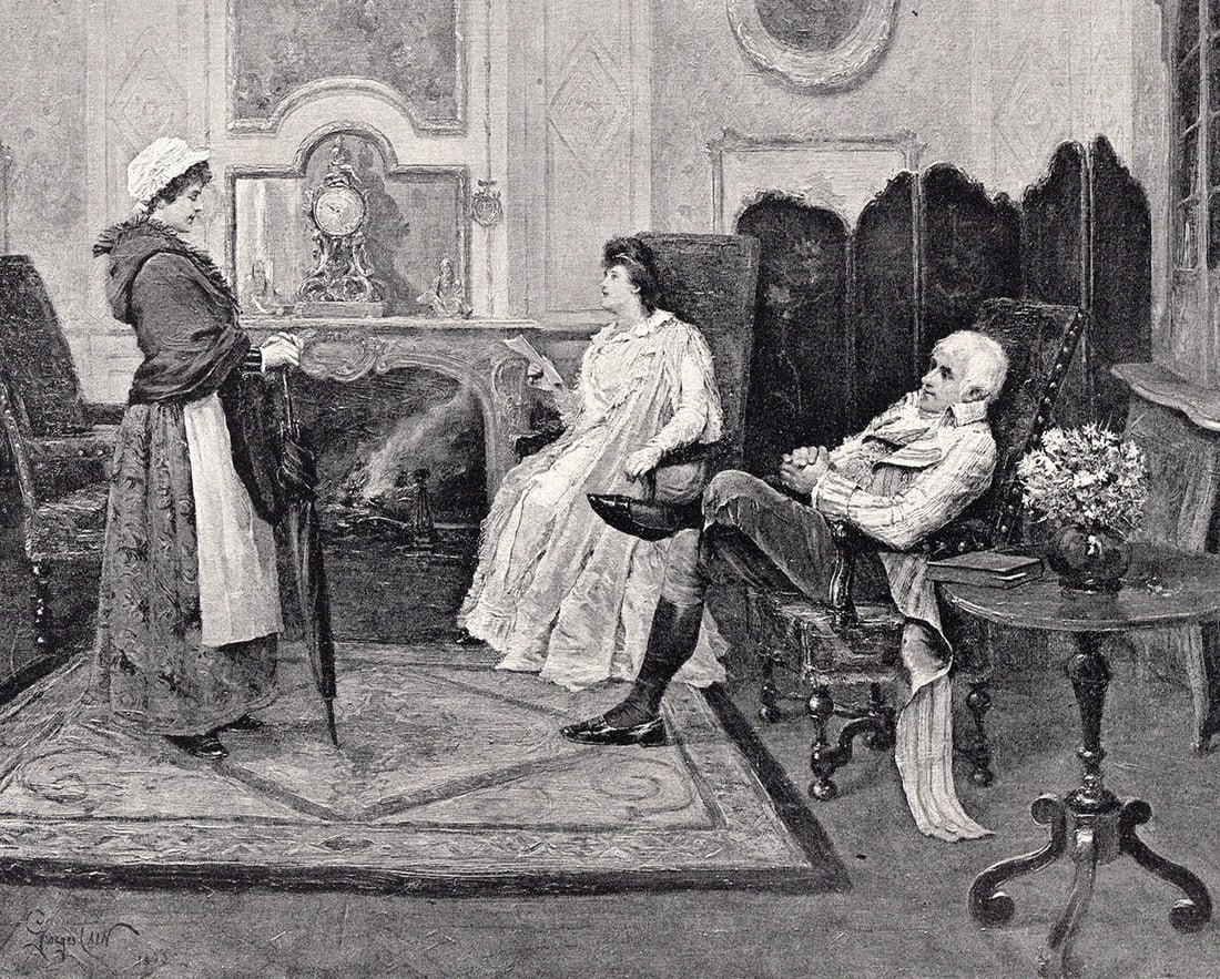 Georges Cain 1800s Antique Print The New Servant Girl SIGNED Framed COA: Georges-Jules-Auguste Cain (French, 1856-1919). The New Servant-Girl. Antique print after the original. Year: c. 1890. Signed in the plate, lower left. Image Size 7 1/2 x 9 7/8 inches. Framed dimensio