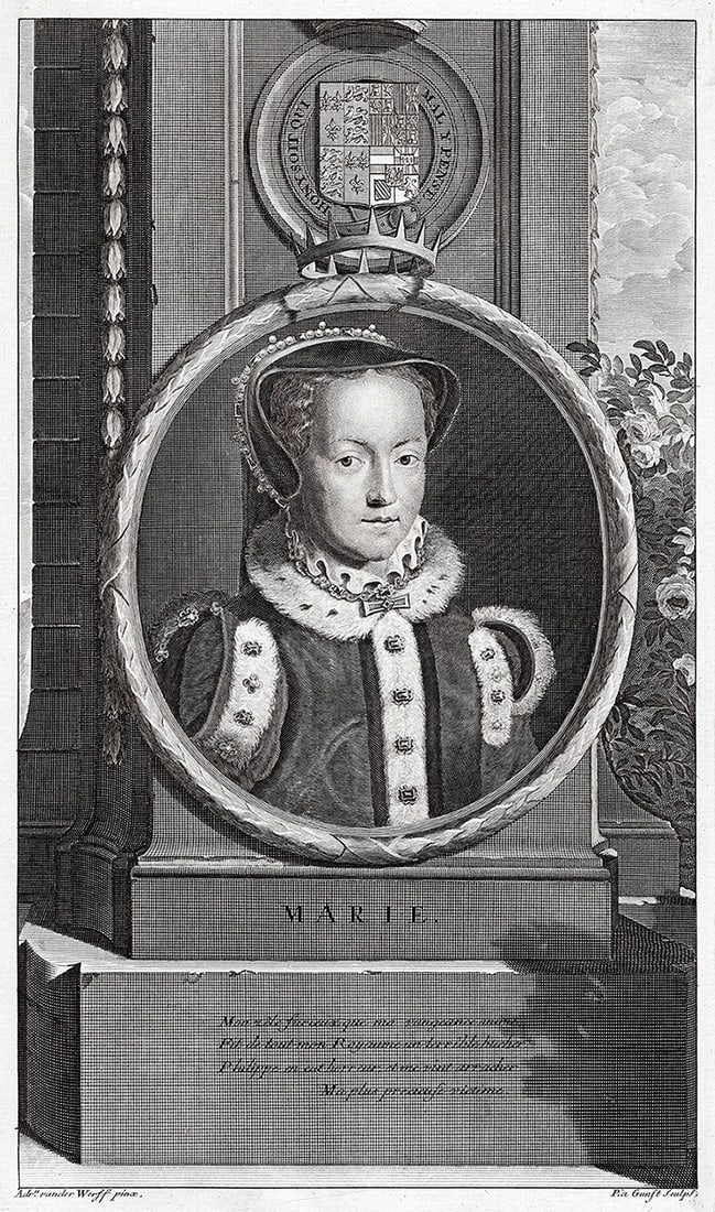 Adriaen van der Werff 1697 Engraving Mary Queen of England Framed: Adriaen van der Werff (1659 - 1722). Mary (1516 - 1558), Queen of England. Antique engraving on laid paper after the original by master engraver Pieter van Gunst (Dutch, 1658/9 - 1731). Year: 1697. Si