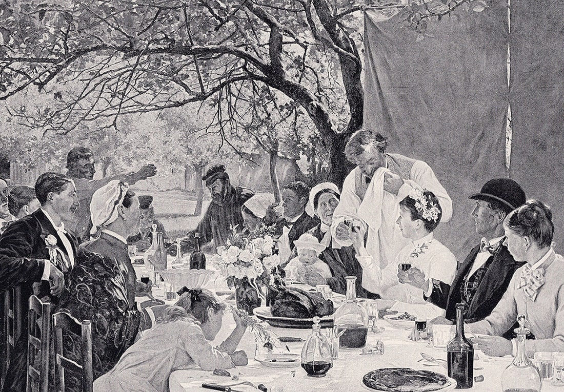Albert Fourie 1800s Antique Print A Wedding Breakfast SIGNED Framed: Albert Auguste Fourie (1854-1937). A Wedding Breakfast (The Wedding Meal at Yport, 1886). Antique print after the original.Year: c. 1890. Signed in the plate, lower left. Image Size 8 5/8 x 11 3/4 inc