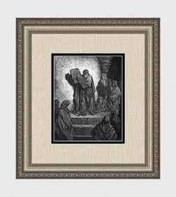 1800s Gustave DORE SIGNED Religious Woodcut EZRA READING THE LAW Framed