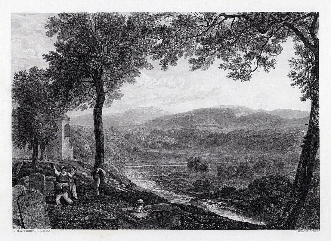 1800s JMW TURNER Engraving St Mary's Church, Kirkby Lonsdale SIGNED Framed: Joseph Mallord William Turner (English, 1775-1851). Kirby Lonsdale Church Yard. Antique engraving on wove paper after the original by master engraver Charles Heath (British, 1785-1848). Year: 1878. Re