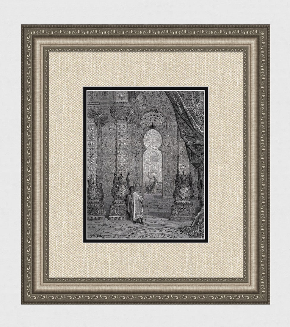 SIGNED GUSTAVE DORE 1800s Woodcut Orlando Furioso ANSELMO SUBMITS Framed: Gustave Dore (Paul Gustave Louis Christophe Dore )(French, 1832-1883). After Anselmo has submitted carnally to the Ethiopian as payment for the palace, his wife Argia appears accusingly. (From Orlando