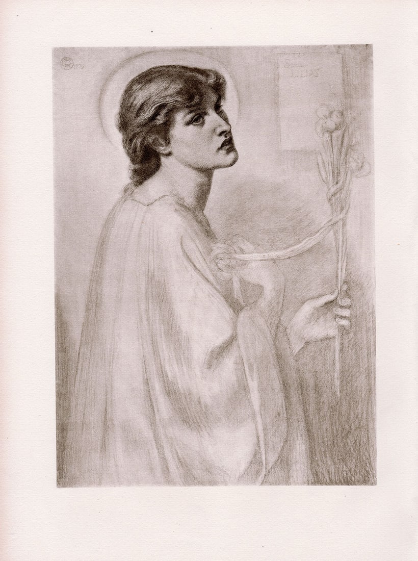 Dante Gabriel Rossetti 1883 print Sancta Lilias signed: Dante Gabriel Rossetti. (English, 1828-1882). Sancta Lilias. Antique heliogravure on laid paper after the original by a Master Engraver. 1883. Signed in the plate upper right. Excellent. Image Size 7