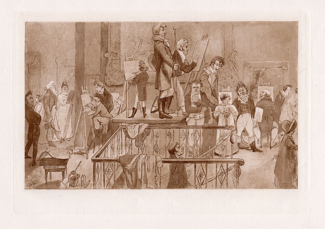 Alfred Edward Chalon 1884 drawing Artists at the British Institution signed: Alfred Edward Chalon. (Swiss, 1780-1860). "Artists at the British Institution". Antique Heliogravure on thick laid paper after the original drawing by a master engraver. 1884. Signed in the plate lowe