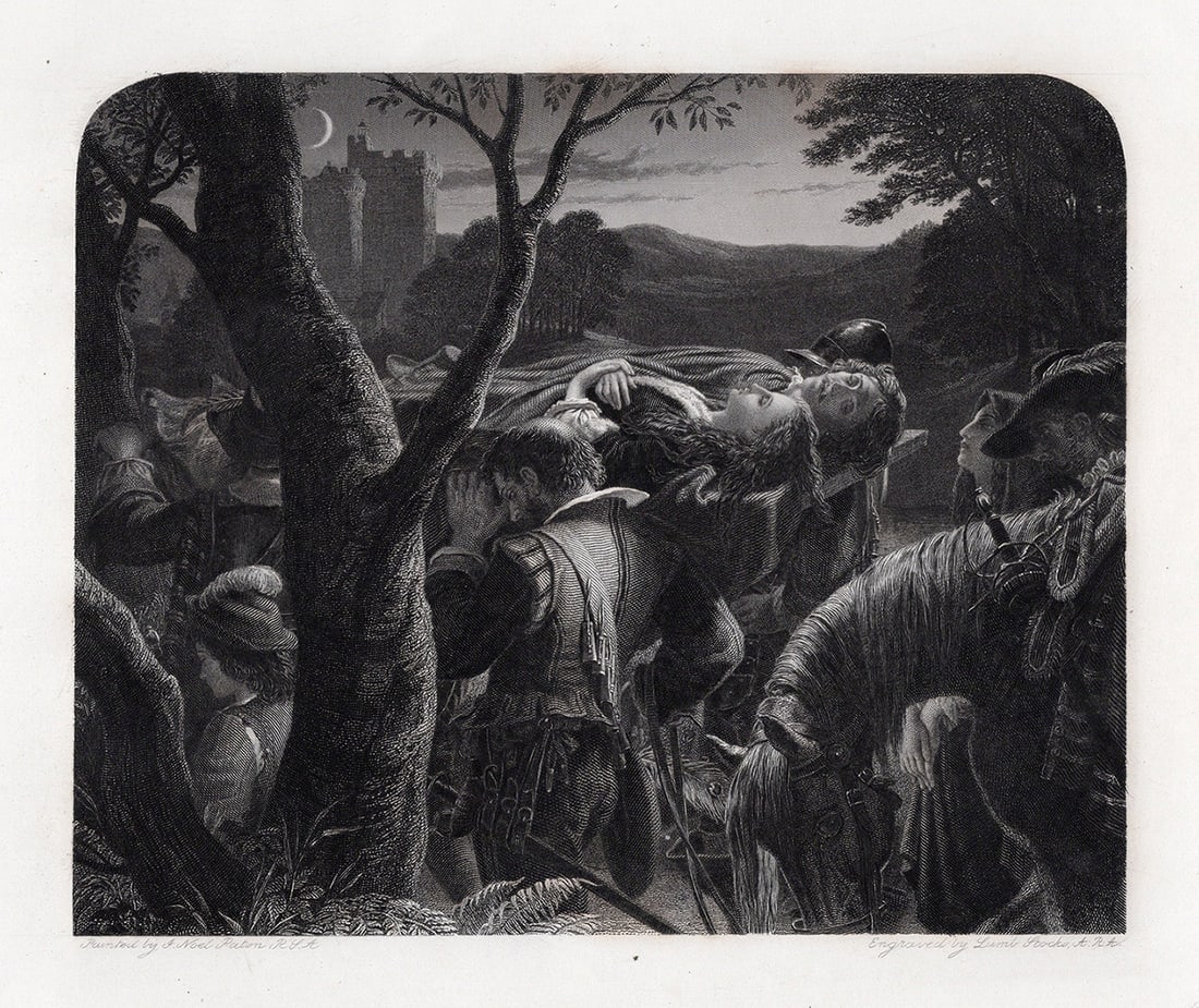 1800s Joseph Noel PATON Engraving The Dowie Dens o Yarrow SIGNED Framed: Sir Joseph Noel Paton (Scottish, 1821 – 1901). The Dowie Dens o Yarrow. Antique engraving on wove paper after the original by master engraver Charles William Sharpe (British, 1818-1899). Signed in t