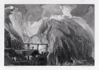 JMW TURNER 1800s Engraving Rocky Coastal Scene with Ship Framed SIGNED
