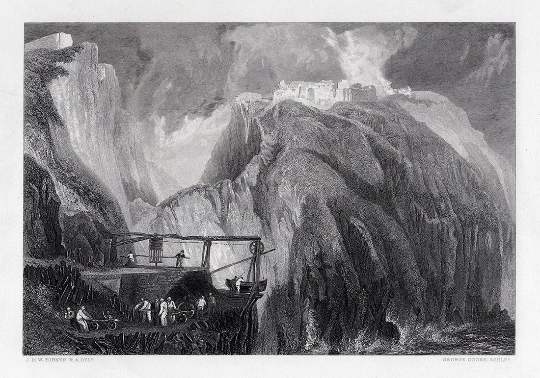JMW TURNER 1800s Engraving Rocky Coastal Scene with Ship Framed SIGNED: Joseph Mallord William Turner (English, 1775-1851). Tintagel Castle, Cornwall. Antique engraving on wove paper after the original by master engraver George Cooke (British, 1781-1834). Year: 1878. Sign