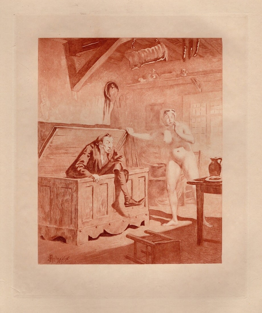 EDMOND MALASSIS Limited NUDE Engraving Cuaght in the Act SIGNED FRAMED: Edmond Malassis (French, 1874 – 1944). Hidden Secrets II (Secrets cachés II) (Cent Nouvelles Nouvelles). Vintage copper plate engraving in red ink on Velin paper after the original by master engrav