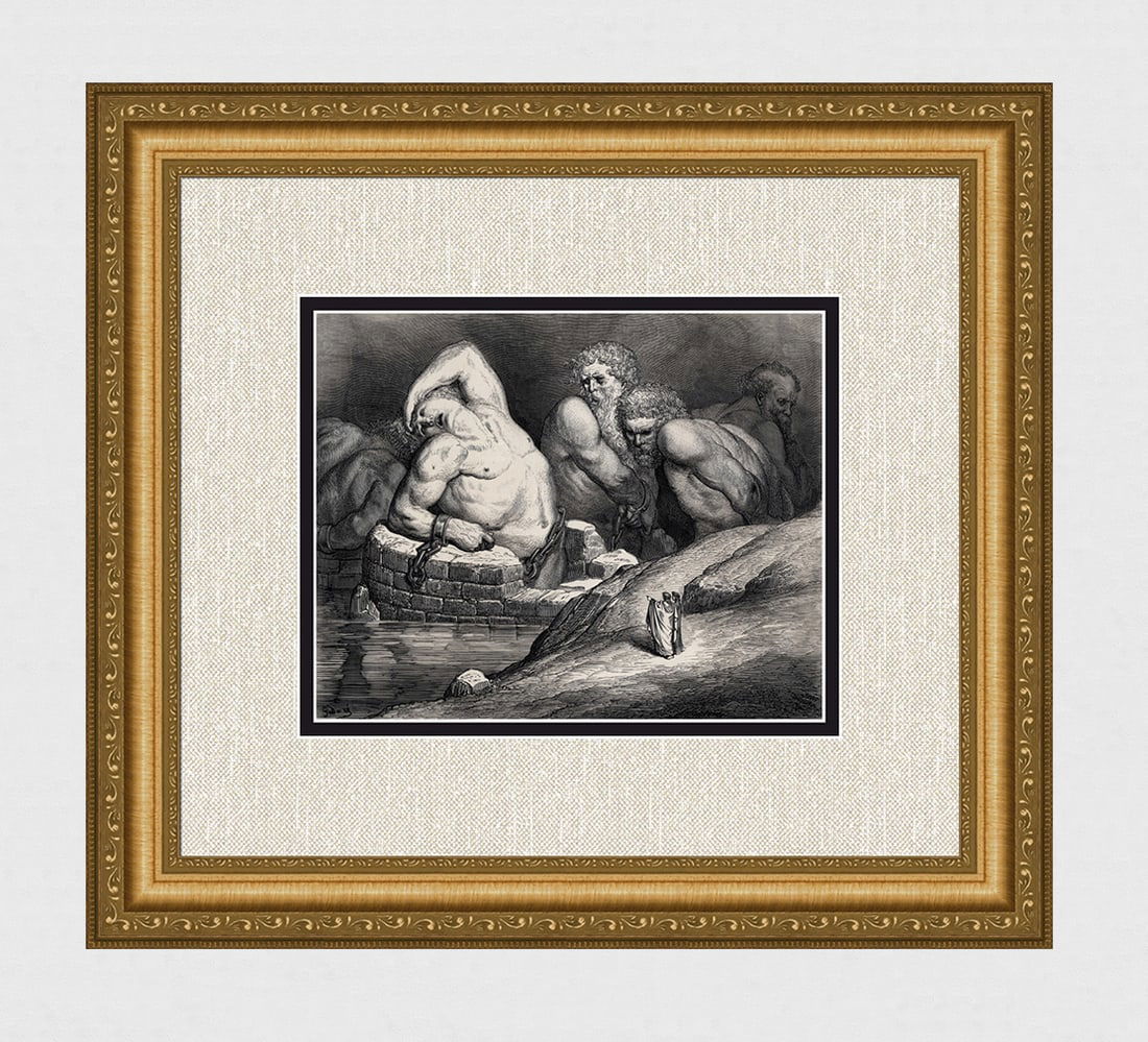 1800s Gustave Dore Divine Comedy Enferno Woodcut GIANTS Framed Signed: Gustave Dore(Paul Gustave Louis Christophe Dore) (French, 1832-1883). Chant 31 Ephialtes and the Titans (from Dante's Divine Comedy, Enferno). Antique woodcut wove paper after the original by a master