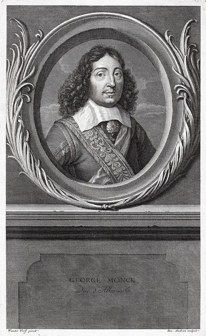 Adriaen van der Werff 1697 Engraving George Monck 1st Duke of Albemarle Framed: Adriaen van der Werff (1659 - 1722). George Monck, 1st Duke of Albemarle (1608-1670). Antique engraving on laid paper after the original by master engraver Benoit Audran (French, 1661 - 1721). Year: 1
