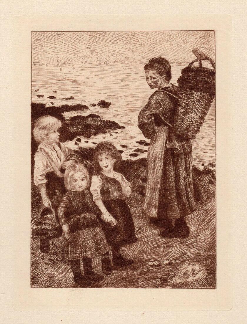 Auguste RENOIR 1892 Etching "Fisherman at the Seaside": Pierre Auguste Renoir (1841 - 1919). Pecheurs au Bord de la Mer (Fisherman at the Seaside). Hand Pulled Copper plate etching with drypoint, printed in Bistre ink, on cream laid paper after the origina