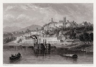 Edouard WILLMANN ORIGINAL 1800s Engraving Steamers on the Missouri SIGNED FRAMED