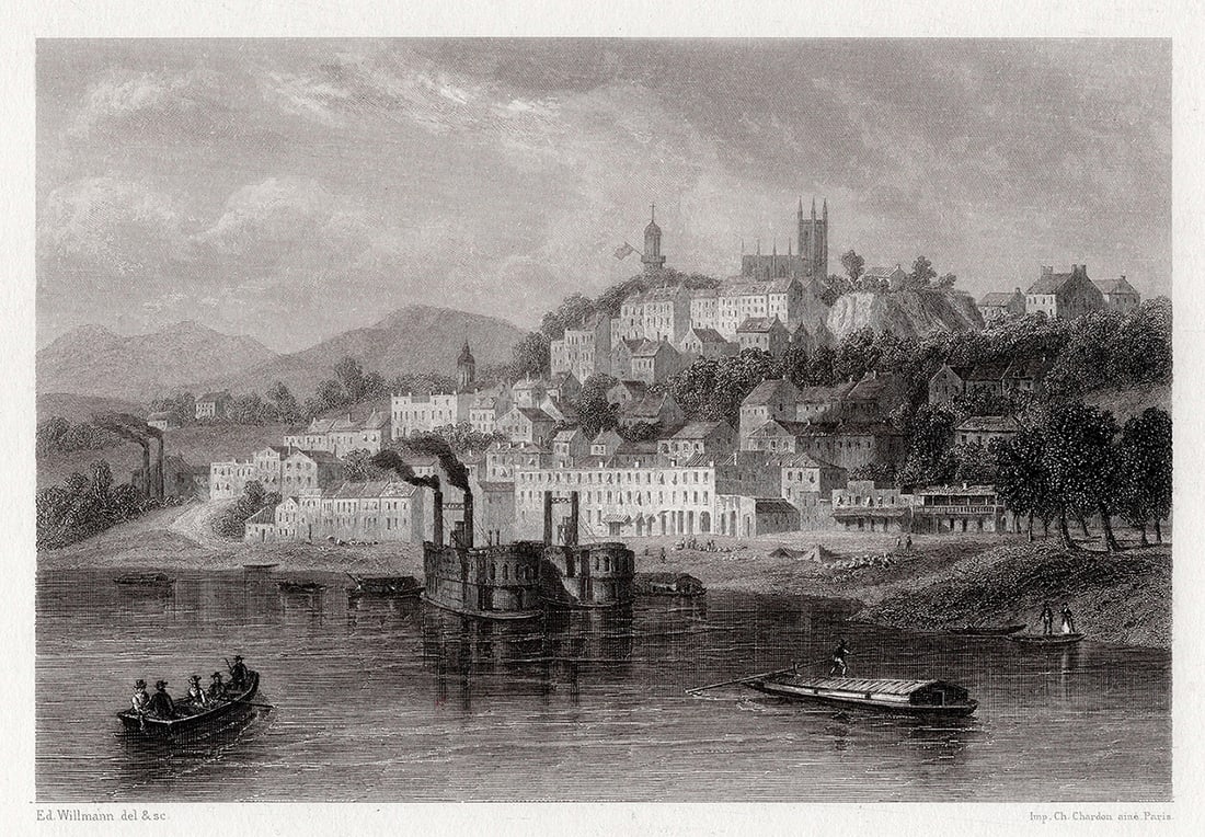 Edouard WILLMANN ORIGINAL 1800s Engraving Steamers on the Missouri SIGNED FRAMED: Edouard Willmann (German, 1820-1877). Vicksburgh (on the Missouri River). Original engraving on wove paper. Signed in the plate. Year: c. 1850. Image Size 6 x 8 1/2 inches. Framed dimensions approxima