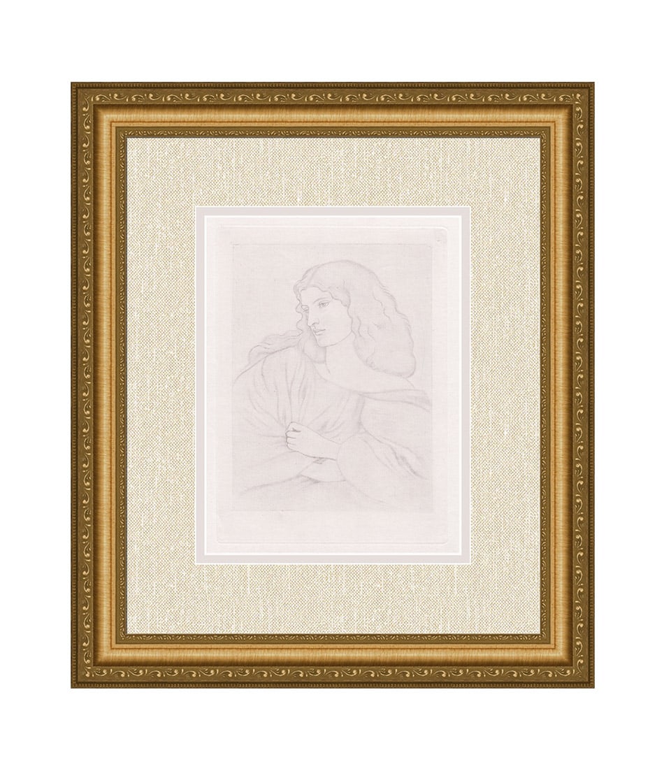 Dante Gabriel Rossetti A Study 1884 print: Dante Gabriel Rossetti. (English, 1828-1882). A Study. Antique Heliogravure on laid paper after the original by a Master Etcher. 1884. Excellent. Image Size 7 1/8 x 9 3/4 inches. Framed dimensions c.