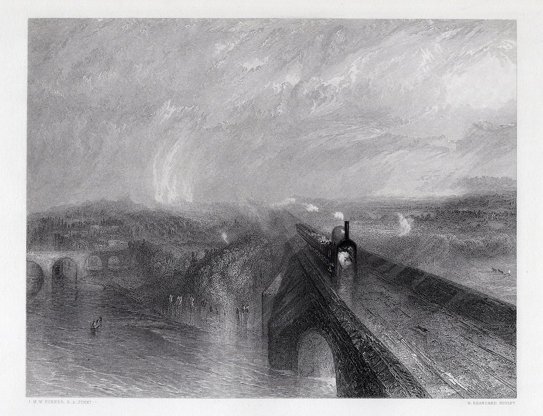 JMW TURNER 1800s Engraving Great Western Railway SIGNED Framed: Joseph Mallord William Turner (English, 1775-1851). Rain, Steam and Speed. Antique engraving on wove paper after the original by master engraver Robert Brandard (British, 1805-1862). Year: 1860. Refer