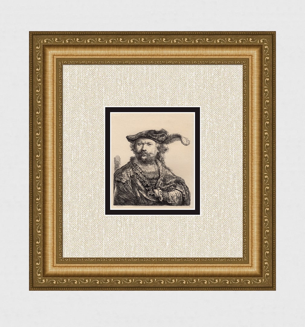 1800s REMBRANDT Etching B20 Self Portrait Velvet Cap + Plume Durand: After Rembrandt Harmenszoon Van Rijn (1606-1669). Title: Self Portrait with Velvet Cap and Plume. Medium: Antique hand pulled copper plate etching on laid paper after the original by master etcher Ama