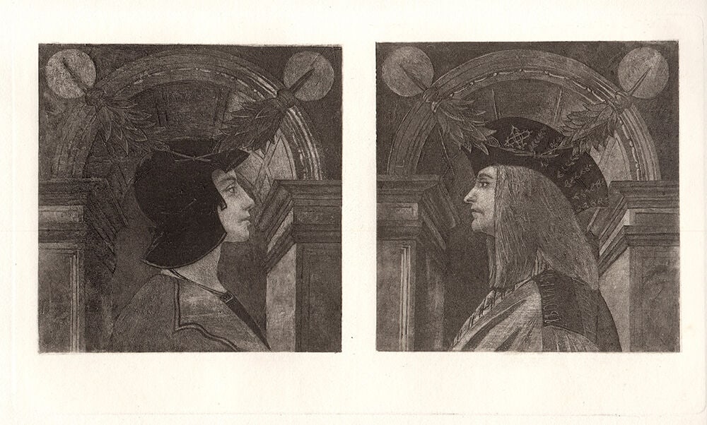 1800s Antique Detailed Print "Italian San Martino Panels" FRAMED: Two Italian Panels from San Martino. Heliogravure on thick wove paper after the original tempera on wood. 1884. Image Size 5 x 10 1/2 inches. Framed dimensions: Approximately 14 x 20 inches. This piec