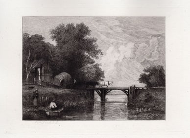 Sir Augustus Wall Callcott 1875 etching The Wooden Bridge signed