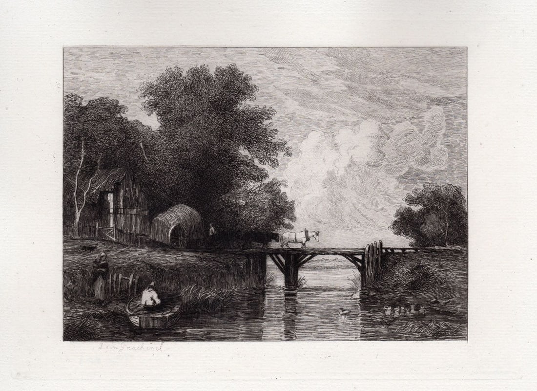 Sir Augustus Wall Callcott 1875 etching The Wooden Bridge signed: Sir Augustus Wall Callcott. (English, 1779-1844). The Wooden Bridge. Antique etching on laid paper after the original oil on canvas by master etcher Leon Gaucherel (French, 1816-1886). 1875. Signed in