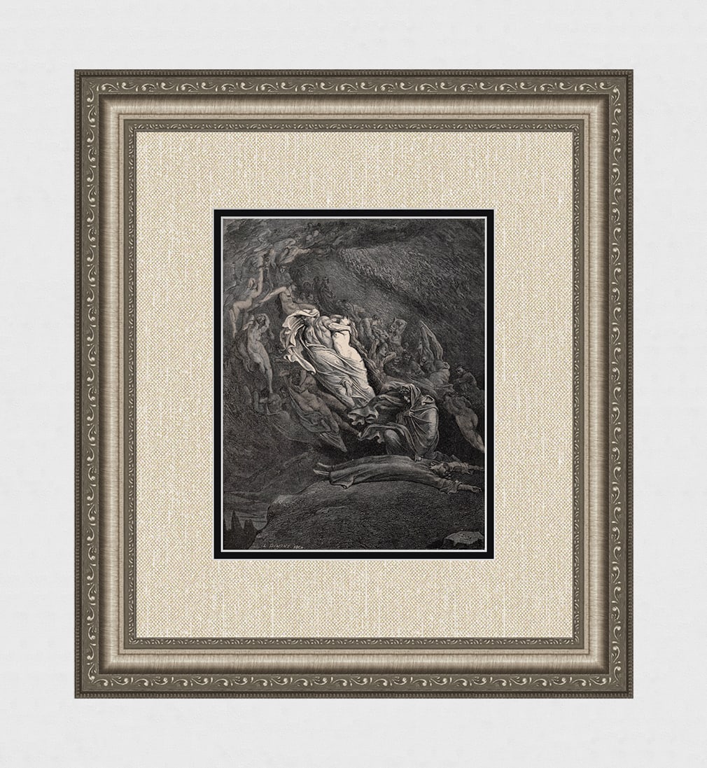 Gustave Dore Paolo and Francesca (Dante's Divine Comedy Enferno) c. 1880 Wood Engraving: Gustave Dore (Paul Gustave Louis Christophe Dore) (French, 1832-1883). Chant 5 Paolo and Francesca (Dante's Divine Comedy Enferno). Antique Wood Engraving on wove paper executed by master wood engrave