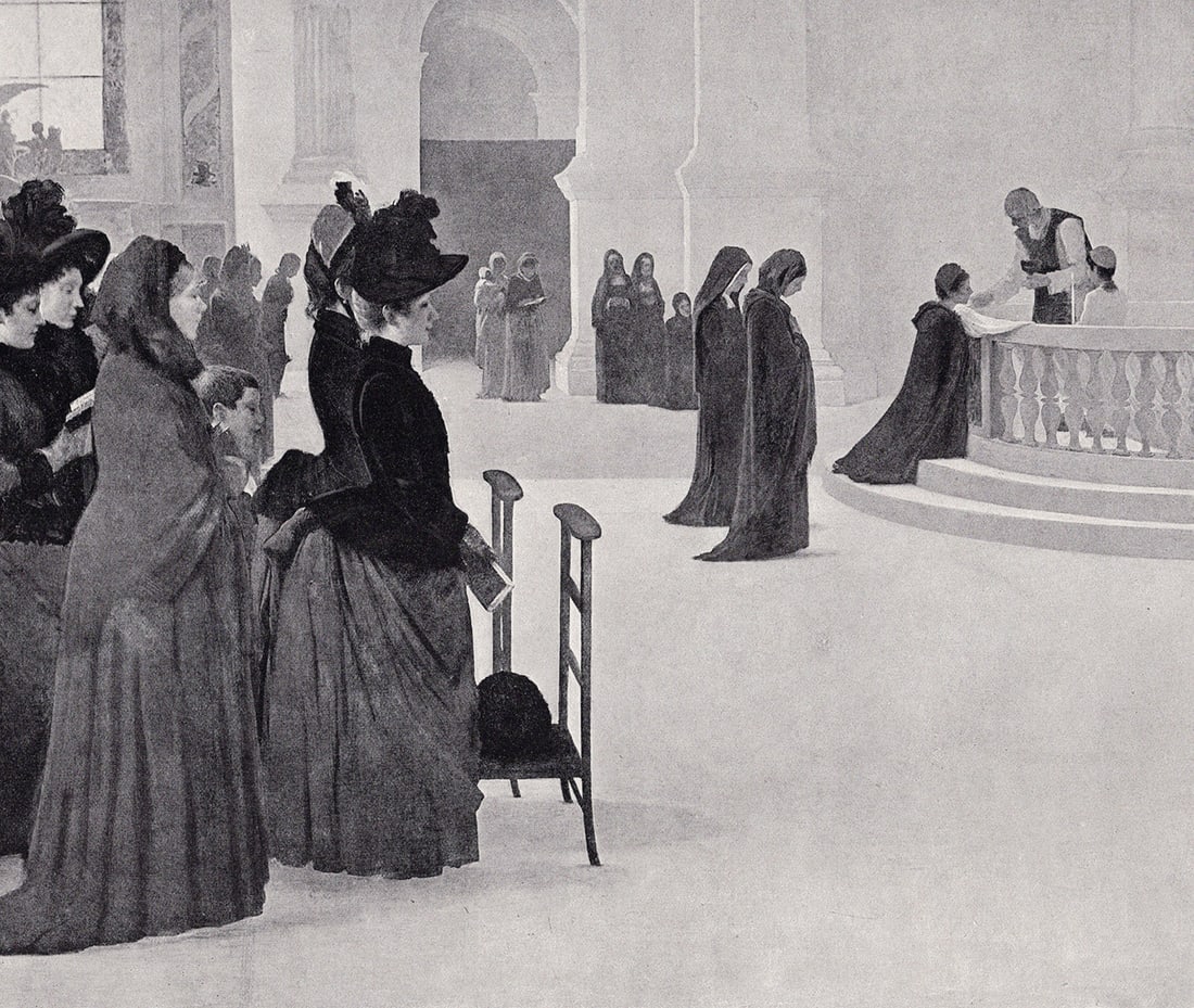 Henry Lerolle 1800s Antique Print The Commicants Framed: Henry Lerolle (1848-1929). The Communicants Antique print after the original. Year: c. 1890. Image Size 8 3/4 x 11 7/8 inches. Framed dimensions approximately 18 x 21 inches. This piece has been profe