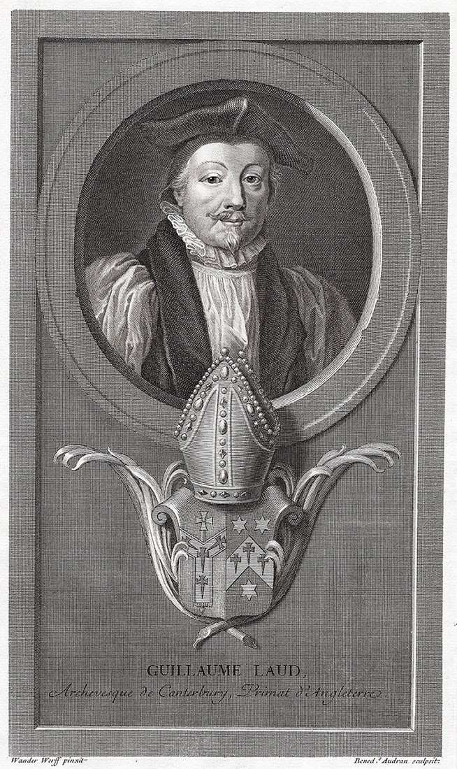 Adriaen van der Werff 1697 Engraving William Laud Framed: Adriaen van der Werff (1659 - 1722). Portrait of William Laud (1573 - 1645), Archbishop of Canterbury. Antique engraving on laid paper after the original by master engraver Benoit Audran (French, 1661