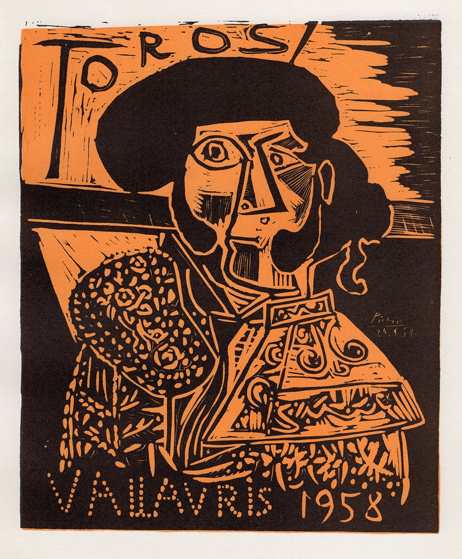 Pablo Picasso Toros 1958 1959 lithograph: Pablo Picasso. (1881-1973). Toros 1958. Color Lithograph after the Original Poster. 1959. Signed in the plate. Excellent. Sauret. Atelier Mourlot. Image Size - 8 x 9 5/8 inches. Approximately 17 x 18