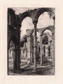 1882 Alfred Louis Brunet Debaines Fountains Abbey, Chapel of the Nine Altars etching signed