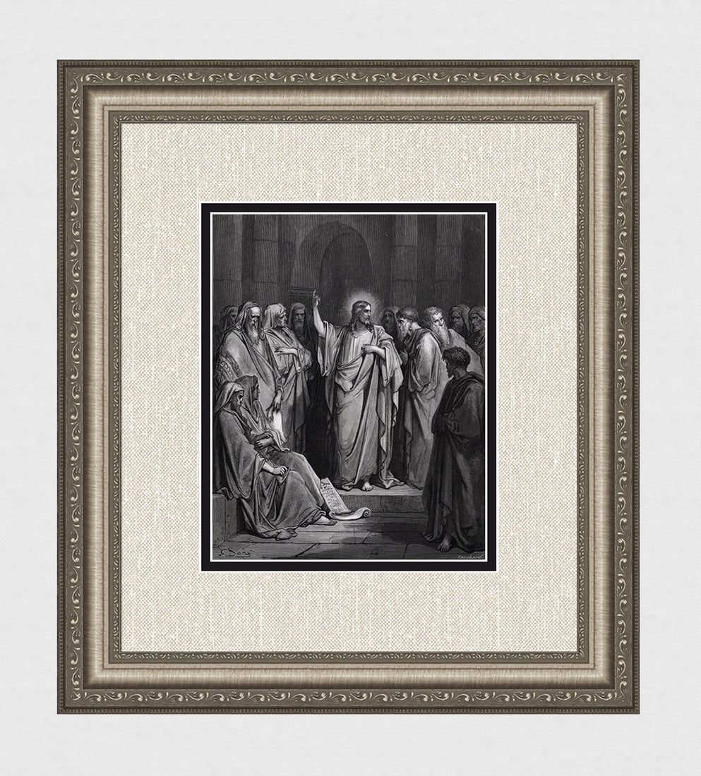 FRAMED Gustave DORE 1800s Biblical Wood Engraving Christ in the Synagogue SIGNED: Gustave Dore(Paul Gustave Louis Christophe Dore) (French, 1832-1883). Christ in the Synagogue (from Dore's Bible). Antique Wood Engraving on wove paper after the original by a master wood engravers Fe