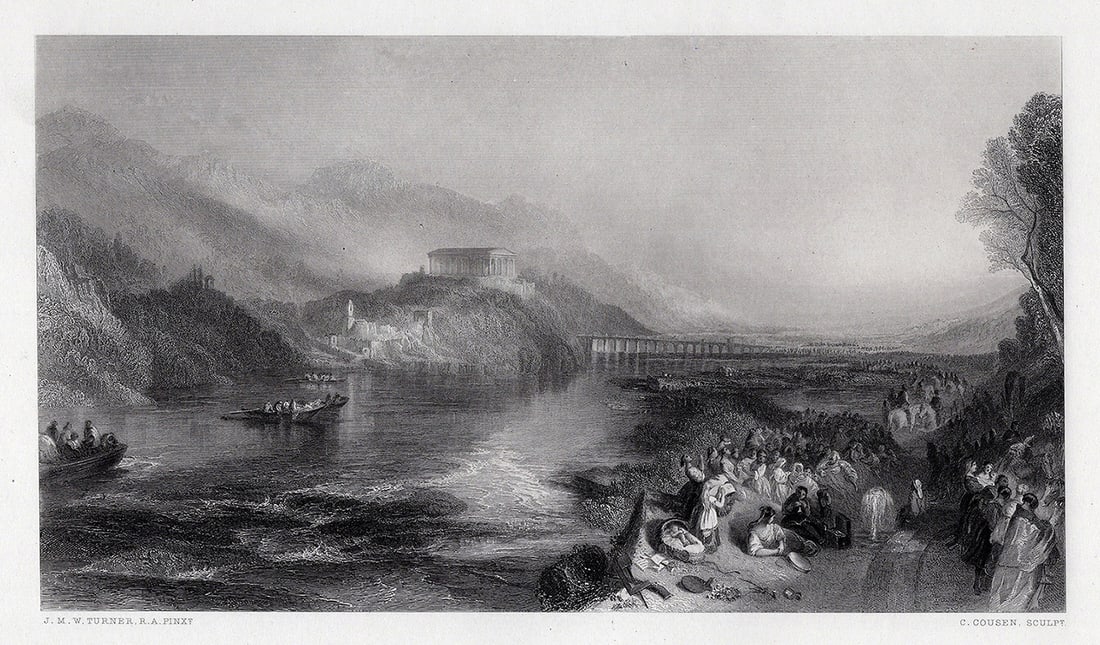1800s William Turner Engraving View of River Danube Signed Framed: Joseph Mallord William Turner (English, 1775-1851). The Opening of the Walhall. Antique engraving on wove paper after the original by master engraver Charles Cousen (British, c. 1819-1889). Year: 1878