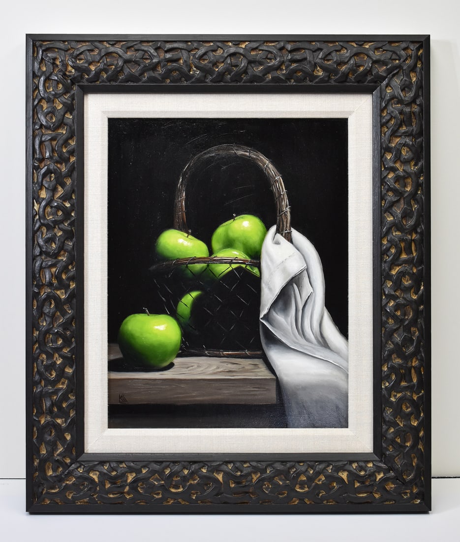 Karen Johnson Granny Smith Oil Painting: Karen Johnson. Granny Smith. Original oil painting on wood panel. Painting Size11 x 14 inches. Karen Johnson's masterful brushstrokes combine to create mouth watering masterpieces that would be the pi