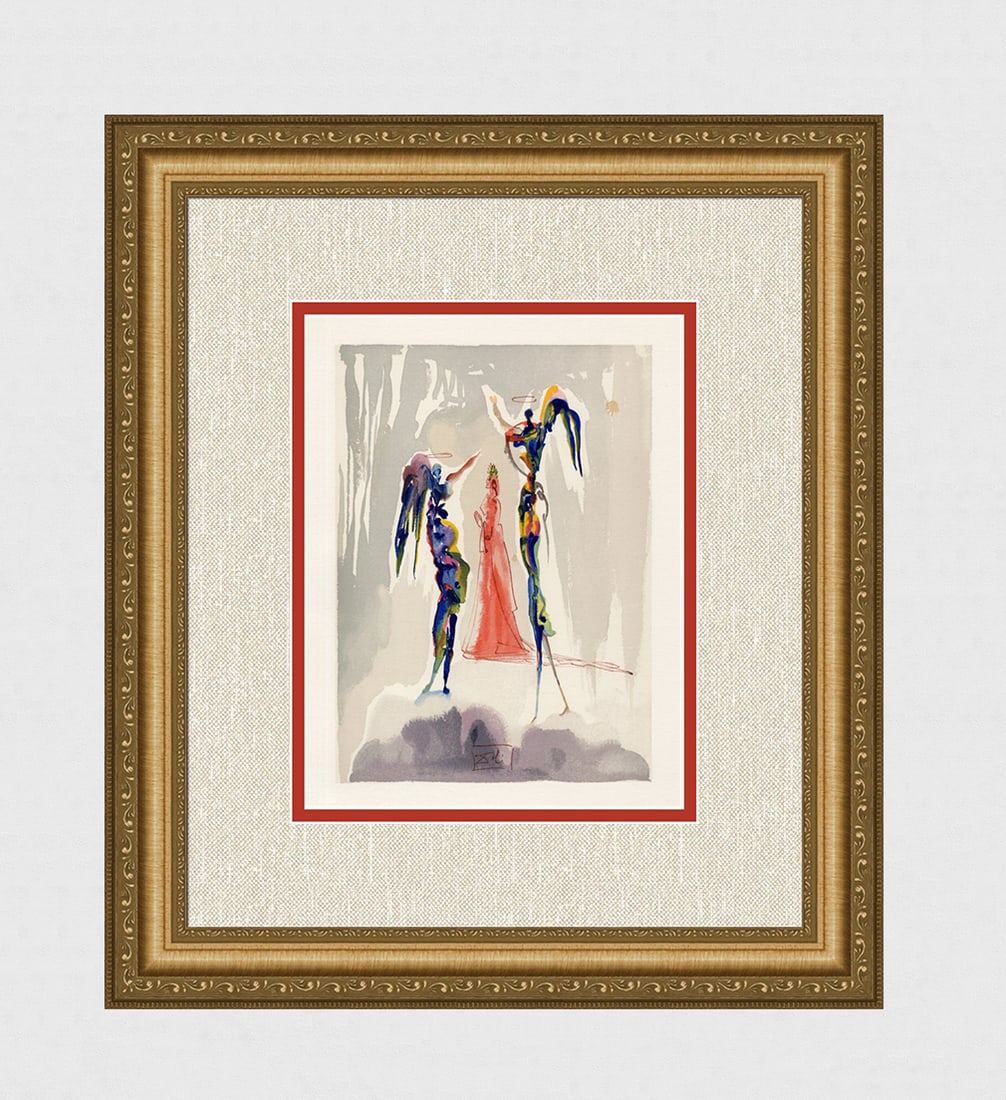 1960 Salvador Dali Angels Authentic Woodcut Signed Framed: Salvador Dali. (1904-1989). "Gloria Patri" Paradise Canto 27. Authentic Original Color Woodcut from The Divine Comedy Printed in 1960 on B.F.K. Rives Paper ( this is not a reproduction, copy, or repri