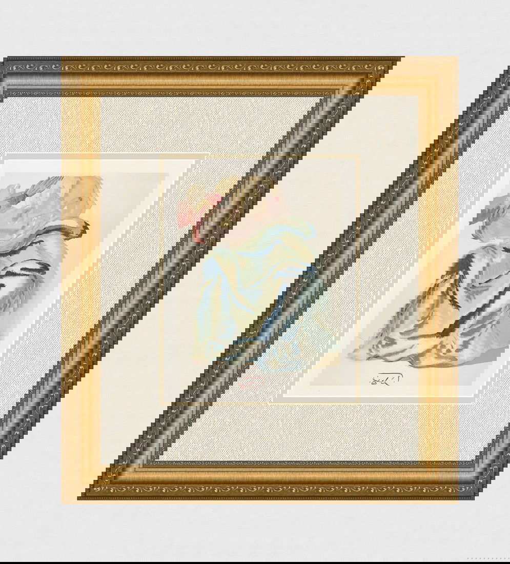 1960 Salvador Dali Prayer Authentic Woodcut Signed: Salvador Dali. (1904-1989). "To the Empyrean" Paradise Canto 30. Block Engraved Signature. Authentic Original Color Woodcut from The Divine Comedy Printed in 1960 on B.F.K. Rives Paper ( this is not a