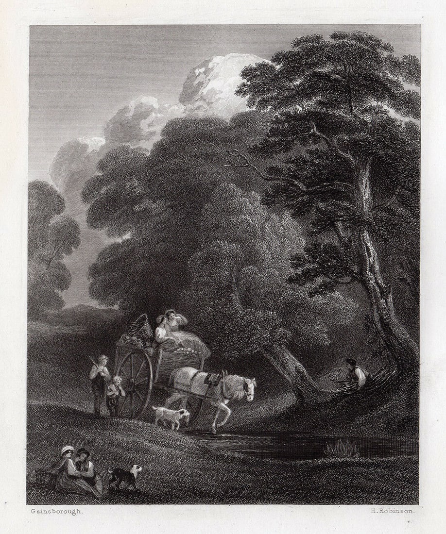 Sir Thomas Gainsborough 1834 engraving The Market Cart signed: Sir Thomas Gainsborough. (English, (baptised 1727 - 1788). The Market Cart. Antique steel engraving on wove paper after the original oil on canvas by Master Engraver Henry Robinson (fl. 1827-72). 1834
