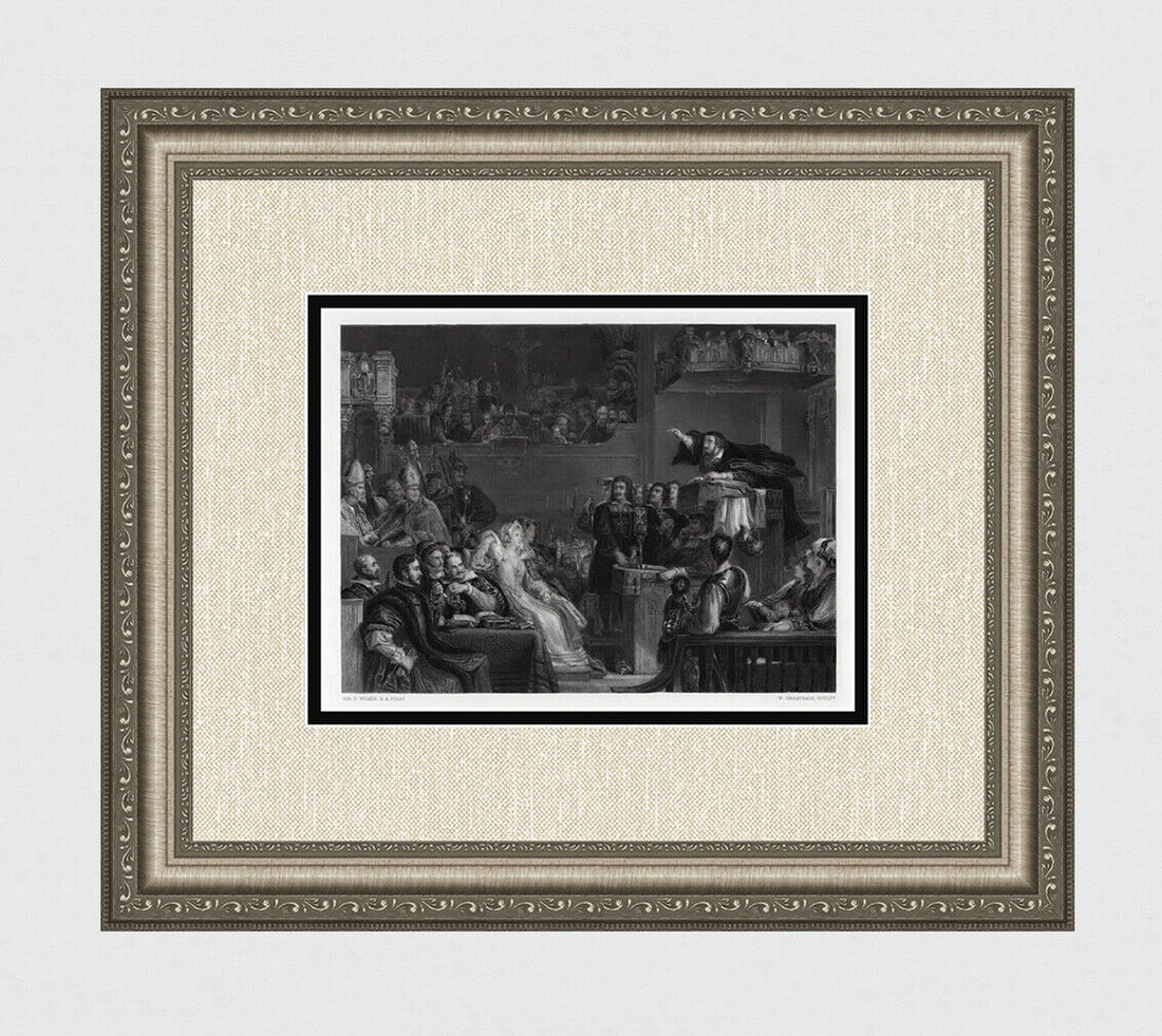 Religious 1800s David WILKIE SIGNED Engraving "John Knox Preaching" Framed: Sir David Wilkie (Scottish, 1785-1841). Knox Preaching before the Lords of the Congregation. Antique engraving on wove paper after the original oil paint on wood by master engraver William Greatbach (