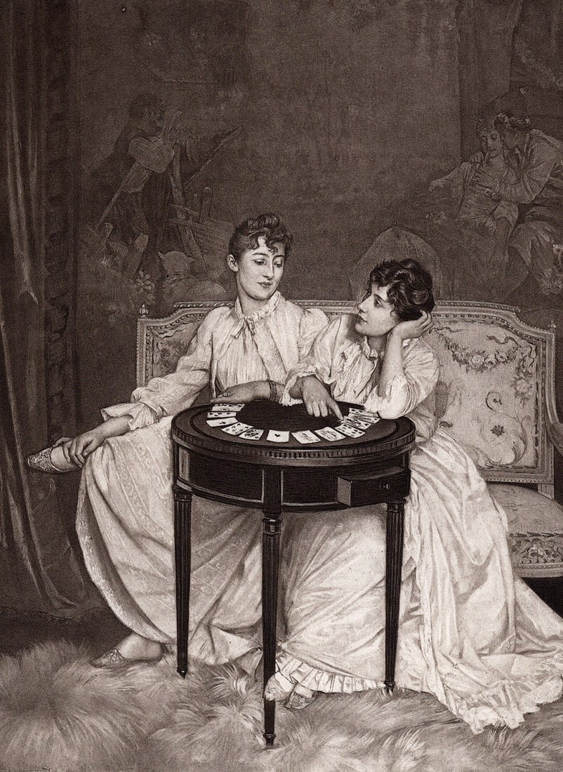 1800s Auguste TOULMOUCHE Antique Print Fortune Telling FRAMED: Auguste Toulmouche (French, 1829 - 1890). Telling Fortunes. Antique heliogravure on heavy wove paper after the original. Year: c. 1890. Image Size 7 3/4 x 10 1/8 inches. Framed dimensions approximatel