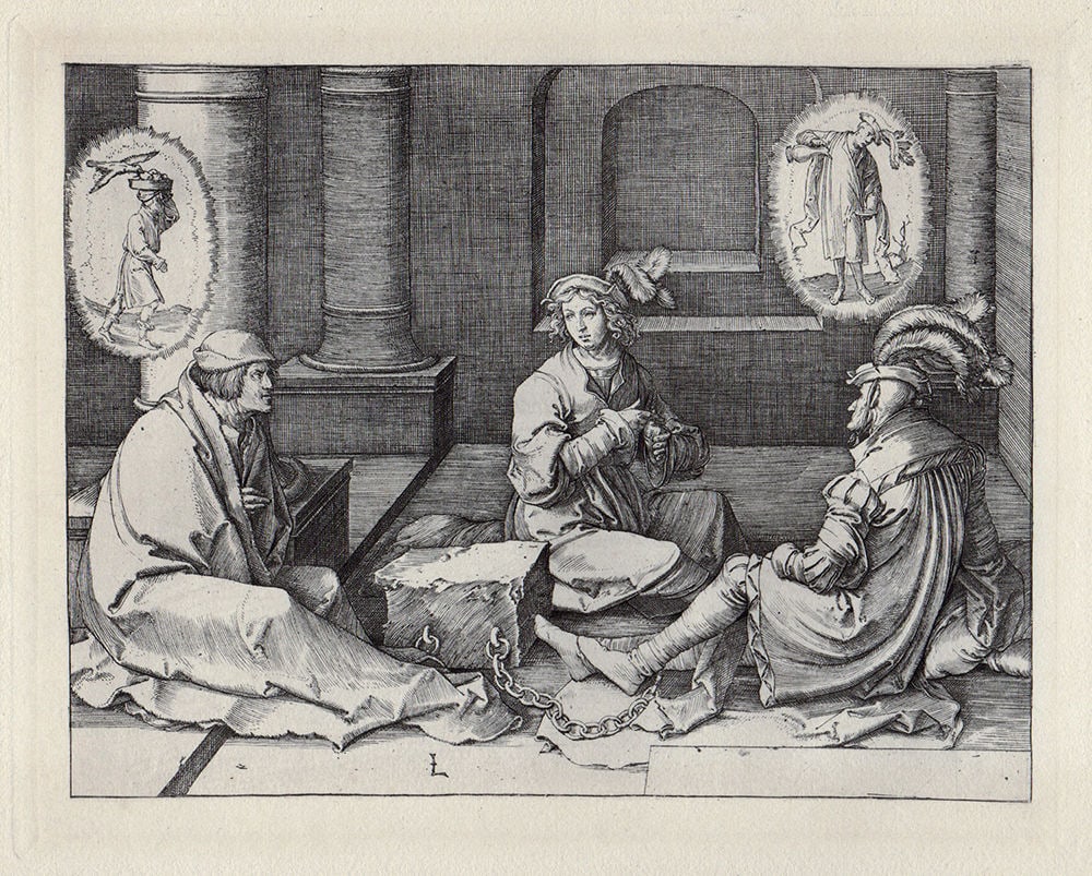 Lucas van Leyden Joseph Telling his Dreams Antique engraving: Lucas van Leyden. Joseph Telling his Dreams (Joseph Interpreting the Dreams in Prison). Hand Pulled copper plate engraving on laid paper after the 1500's original by master engraver Amand Durand (1831