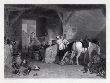 1800s WILLIAM TURNER Engraving The Busy Blacksmith Signed Framed