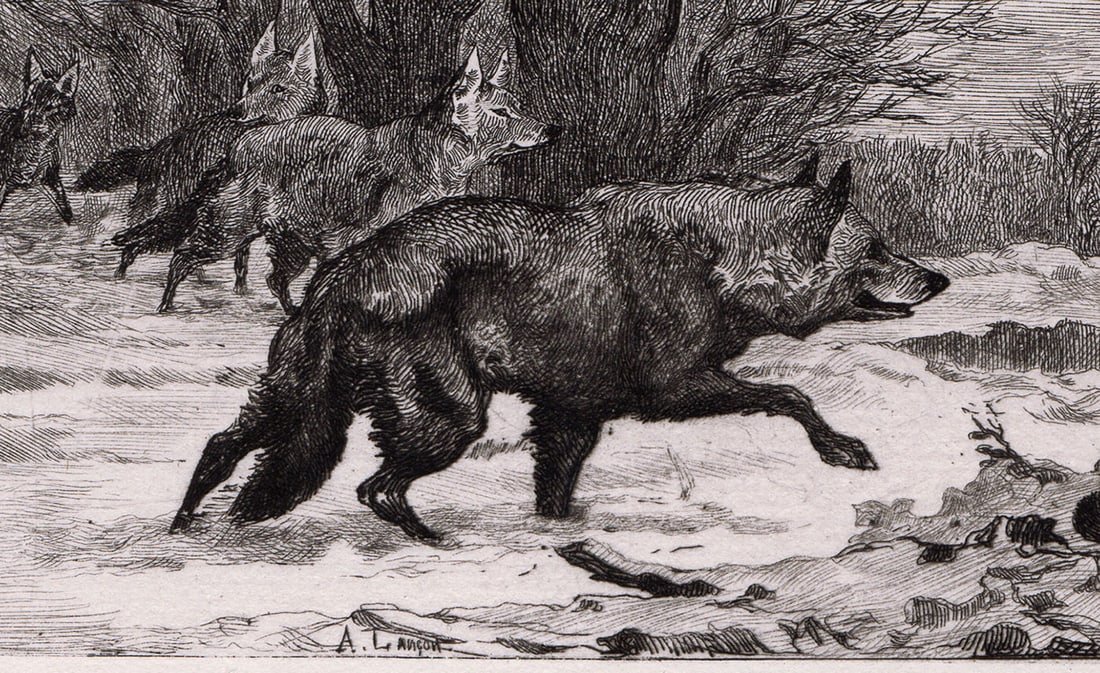 Auguste Andre Lancon 1874 etching Wolves signed - 2