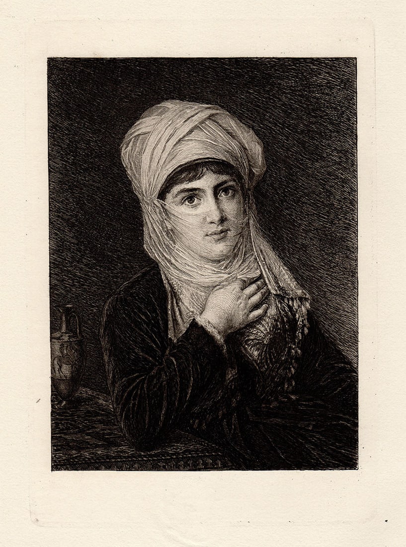 Ludwig Otto Girl of Hydra 1883 etching: Ludwig Otto. (German, 1850-1920). Girl of Hydra. Original Copper Plate Etching on Thick laid Paper. 1883. Excellent. Image Size 5 3/4 x 8 1/2 inches. Approximately 14 x 17 inches. This piece has been