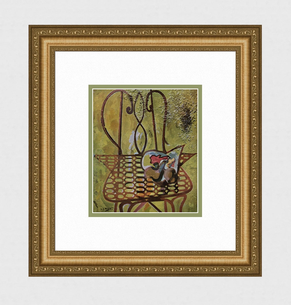 BRAQUE 1956 SIGNED Vintage Color Print Fruits sur une Chaise FRAMED: Georges Braque (French, 1882-1963). La Chaise (The Chair). Vintage offset lithograph after the original painting. Year: 1956. Signed in the plate, lower left. Printer: Draeger Freres. Image Size 7 1/8