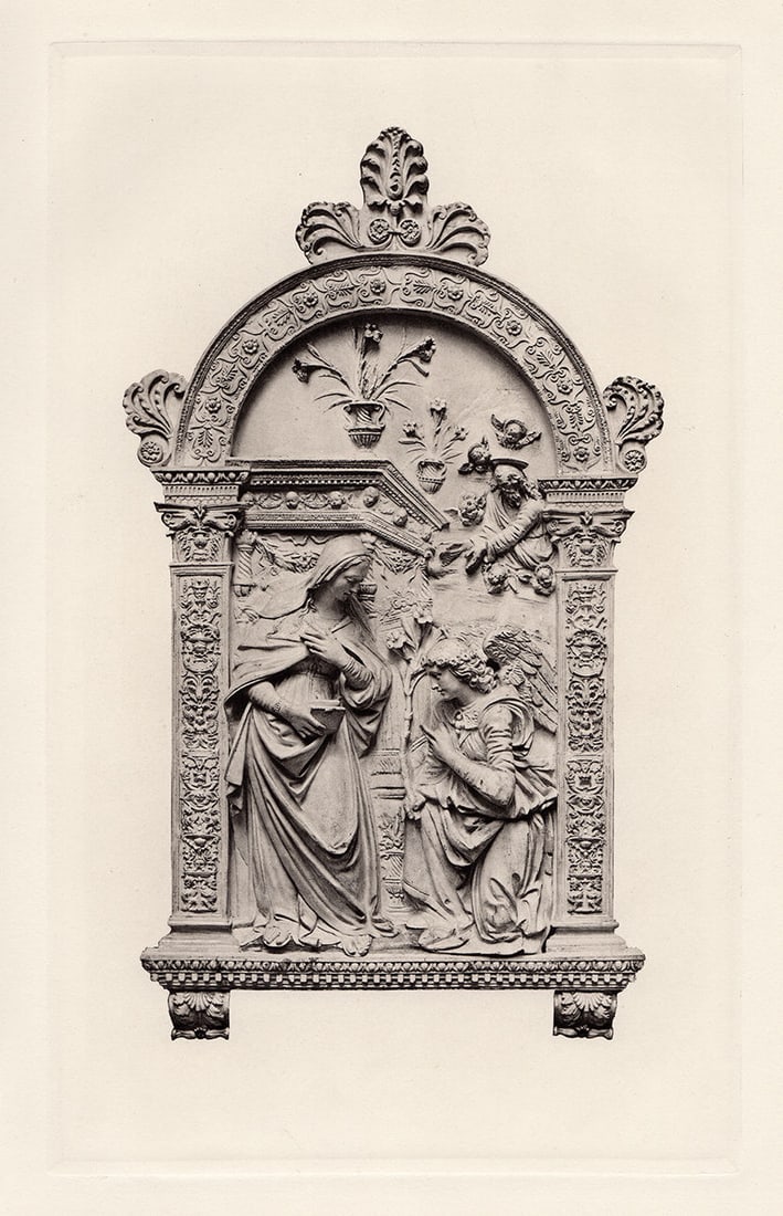 Luca della Robbia The Annunciation 1886 print: Attributed to Luca della Robbia. (Italian, 1399/1400-1482). The Annunciation. Antique Heliogravure on wove paper after the original relief by Master Engraver Dujardin. 1886. Excellent. Image Size 7 1/