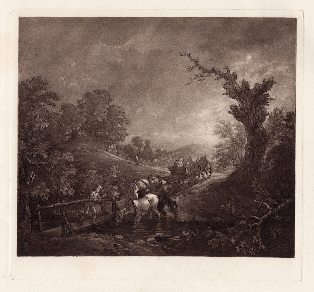 Thomas Gainsborough The Watering Place I (Sunset: Carthorses Drinking at a Stream) 1886 engraving: Thomas Gainsborough. (English, 1727 (baptised) - 1788). The Watering Place I (Sunset: Carthorses Drinking at a Stream). Antique engraving on thick wove paper after the original oil paint on canvas by
