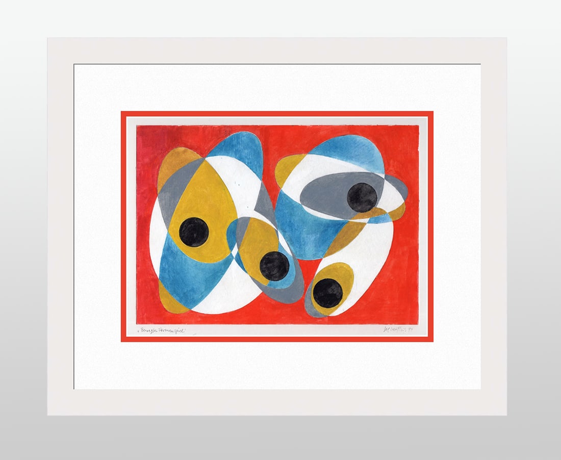 Mathis Original Gouache Busy moving Forms Framed Swiss: Josef Johann Mathis (Joe Mathis, 1913 - 2002; Swiss). Busy moving Forms (Bewegtes Formenspiel). Original Mixed Media Gouache on paper. Year: 1994. Hand signed and dated in pencil, lower right. Titled